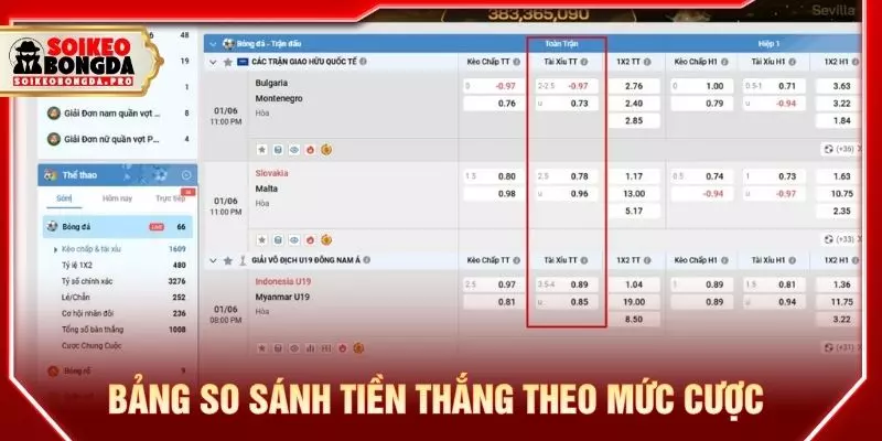 bảng theo dõi tiền thắng theo mức cược