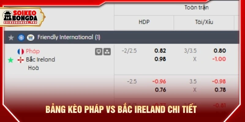Bảng kèo Pháp vs Bắc Ireland chi tiết