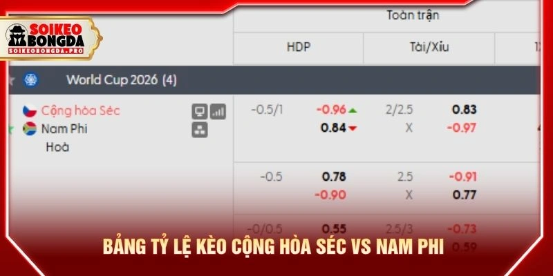 Bảng tỷ lệ kèo Cộng hòa Séc vs Nam Phi Bảng tỷ lệ kèo Cộng hòa Séc vs Nam Phi