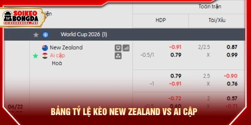Bảng tỷ lệ kèo New Zealand vs Ai Cập